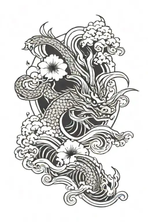 Traditional Japanese style tattoo with petunia flowers, dragon, waves or clouds, on the shoulder  tattoo design idea