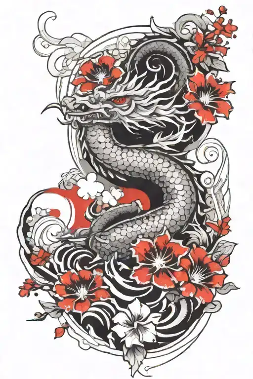 Traditional Japanese style tattoo with petunia flowers, dragon, waves or clouds, on the shoulder  tattoo design idea