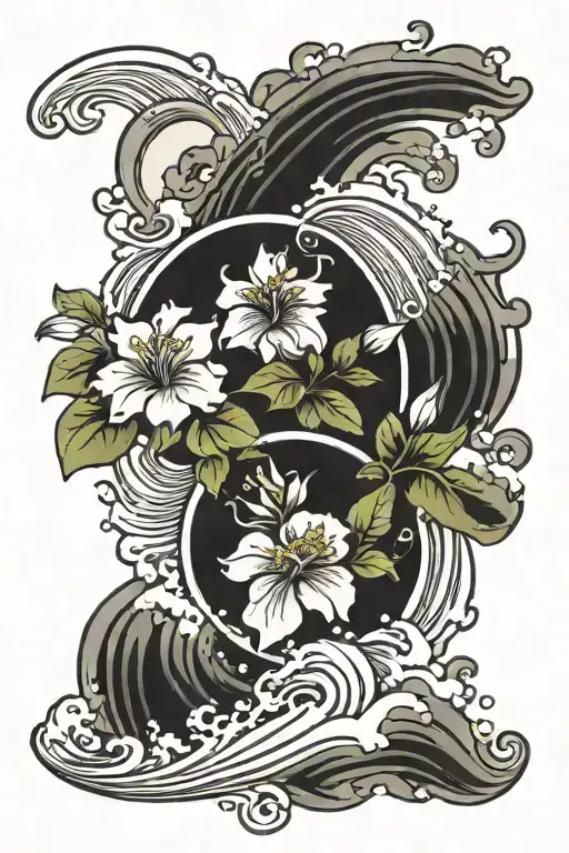 Traditional Japanese style tattoo with petunia flowers, waves or clouds, on the shoulder tattoo design idea