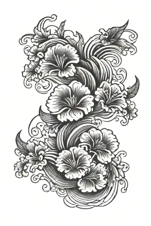 Traditional Japanese style tattoo with petunia flowers, waves or clouds, on the shoulder tattoo design idea