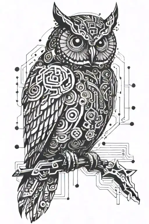 A cybernetic owl with circuit patterns in its feathers tattoo design idea