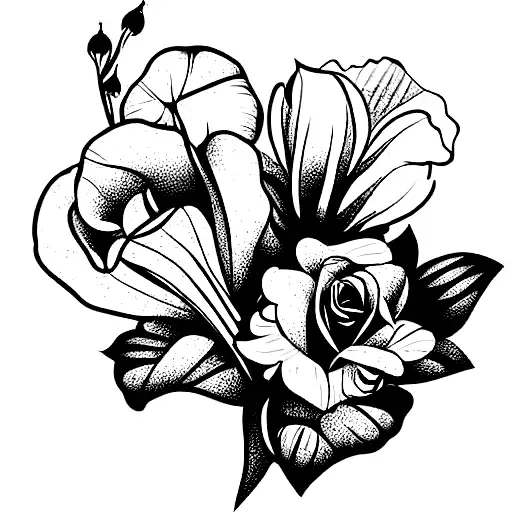 bouquet with violets, roses, iris, and narcissus tattoo design idea