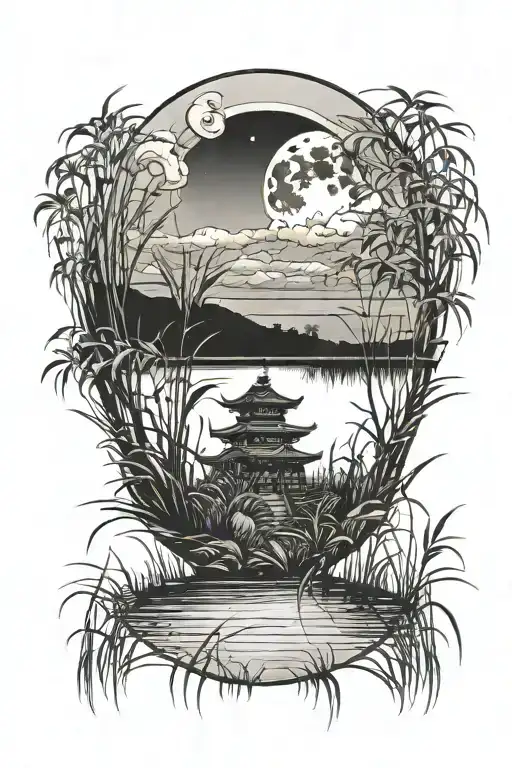 moon over lake with tall grass and a reflection of the Buddhist wheel tattoo design idea