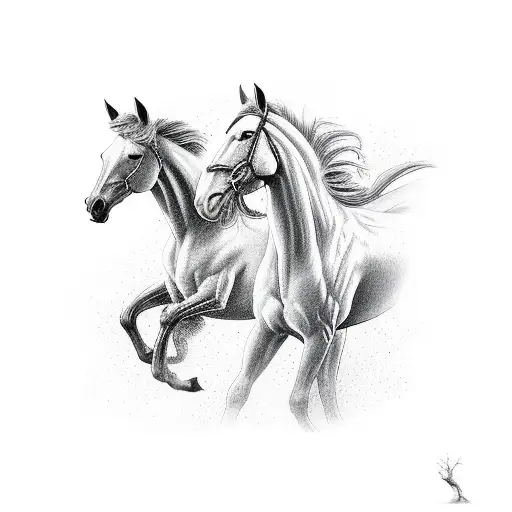 Old horse and young horse running together tattoo design idea