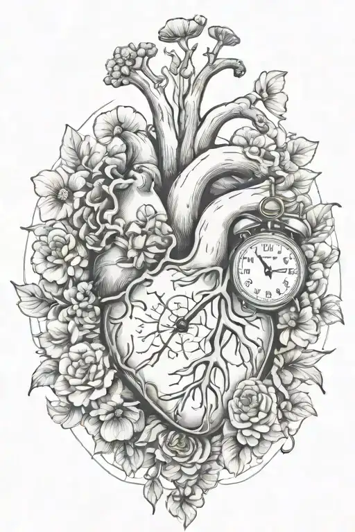 Anatomical heart, Lungs, flowers, mushroom, clock, religious tattoo design idea