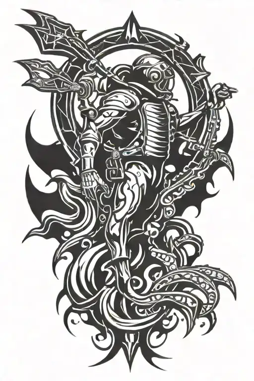 scuba diver with trident surrounded tattoo design idea