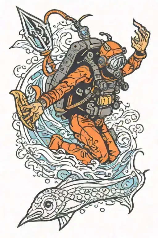 scuba diver exploring holding trident tattoo design idea