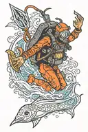 scuba diver exploring holding trident tattoo design idea