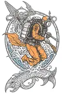 scuba diver exploring holding trident tattoo design idea