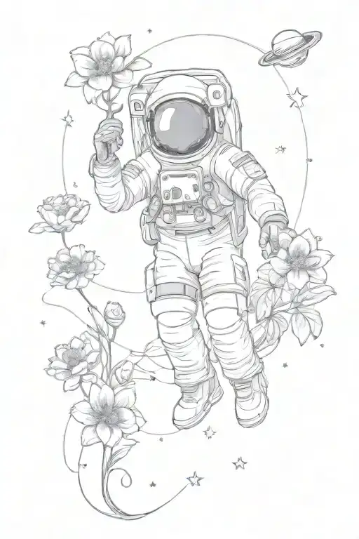 flowers and astronaut floating in space tattoo design idea