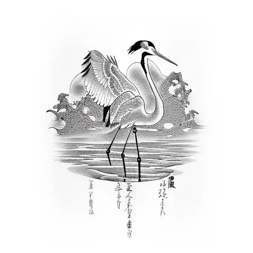 Asian crane standing in water tattoo design idea