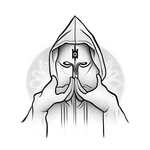 Hooded figure with hands in a prayer position tattoo design idea