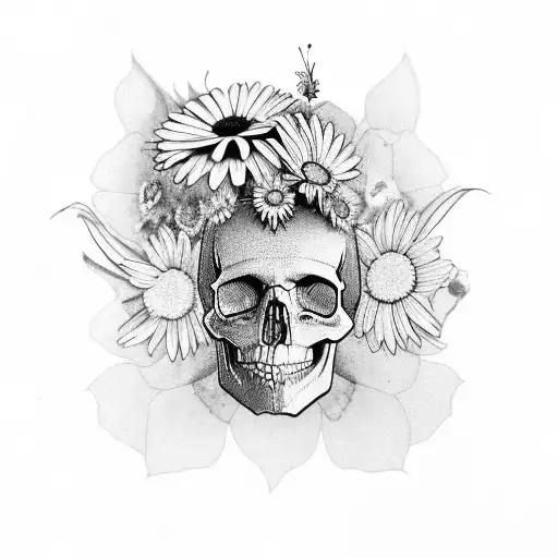 skull with daisies for eyes and a monarch butterfly on top of the head tattoo design idea