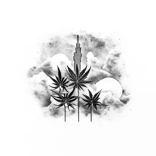 A Miami skyline with weed leaves as clouds tattoo design idea