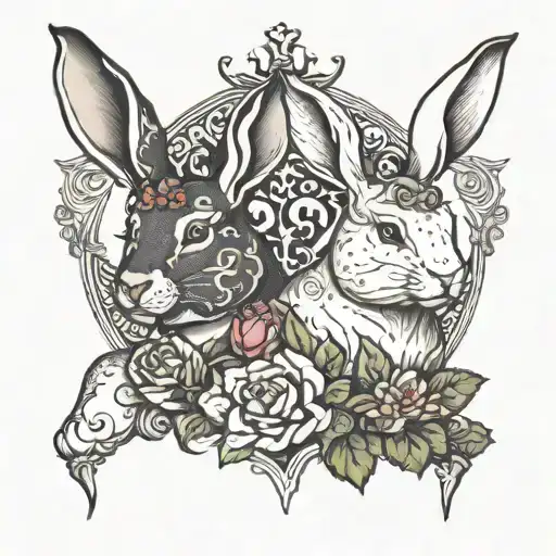 white female bunny and a black bull tattoo design idea