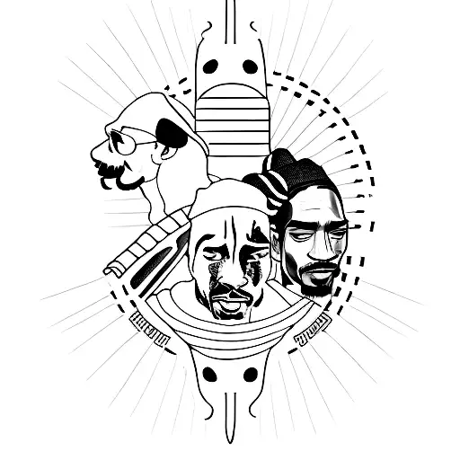 A minimalist tattoo of 2pac, 50 cent, and Snoop Dogg together, representing your love for music and your hood. tattoo design idea