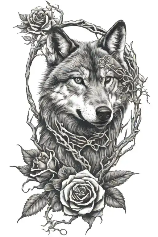 wolf, skull, wolf claw marks, black burning rose, moon, willow tree  tattoo design idea