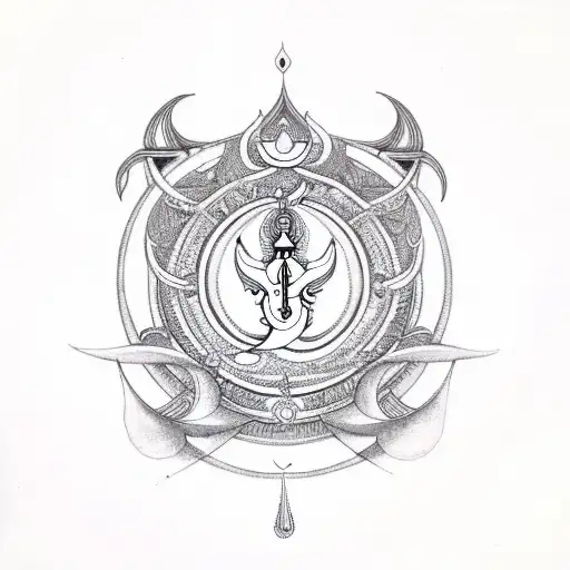 Shiva trident with Om. symbol, drums and crescent moon  tattoo design idea