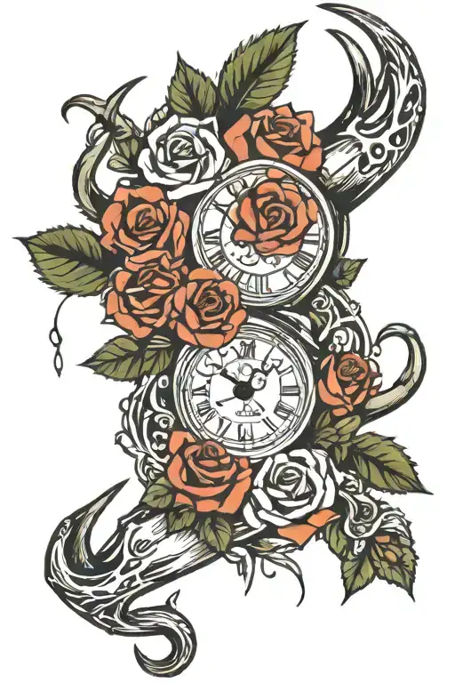 roses wrapped, clock 8:22, date 6-22-18 name Dakota; deer antlers, fish hooks  tattoo design idea