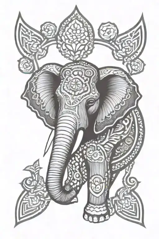 an elephent face staring straight inside a traditional lotus flower tattoo design idea