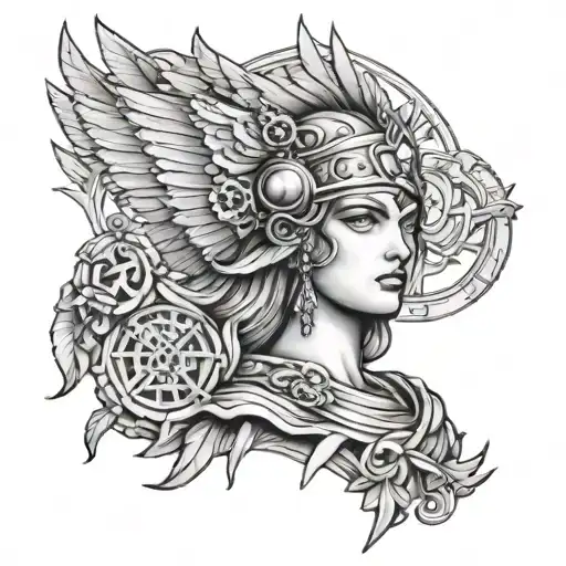 A tattoo featuring Athena, the goddess of wisdom and warfare, surrounded by symbols of change and transformation tattoo design idea