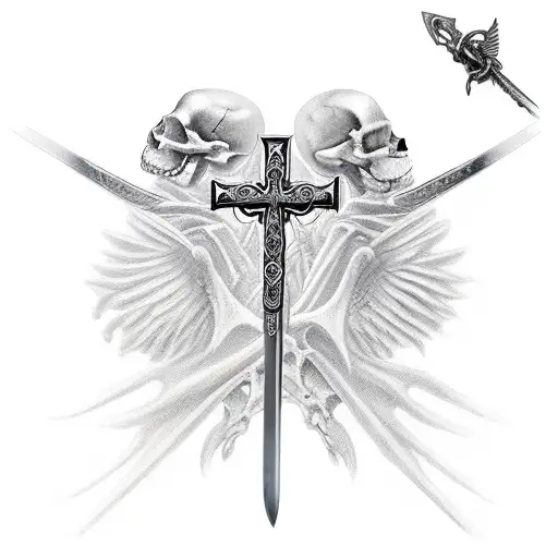 sword in the shape of a cross , skeleton wings tattoo design idea