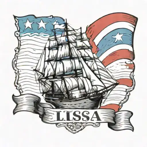 gray iron Clipper ship, banner with word "Elissa" in foreground, Texas flag in background tattoo design idea