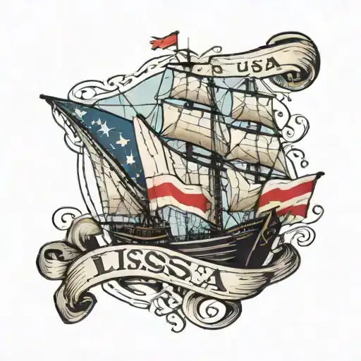 gray iron Clipper ship, banner with word "Elissa" in foreground, Texas flag in background tattoo design idea