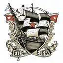 gray iron Clipper ship, banner with word "Elissa" in foreground, anchor and Texas flag in background tattoo design idea