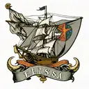 gray iron Clipper ship, banner with word "Elissa" in foreground, anchor and Texas flag in background tattoo design idea