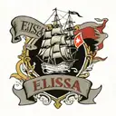 gray iron Clipper ship, banner with word "Elissa" in foreground, anchor and Texas flag in background tattoo design idea
