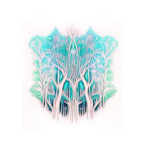 a whimisical forest with deep black outline and electric blue and green highlights a pathway leading into a mystical aby tattoo design idea