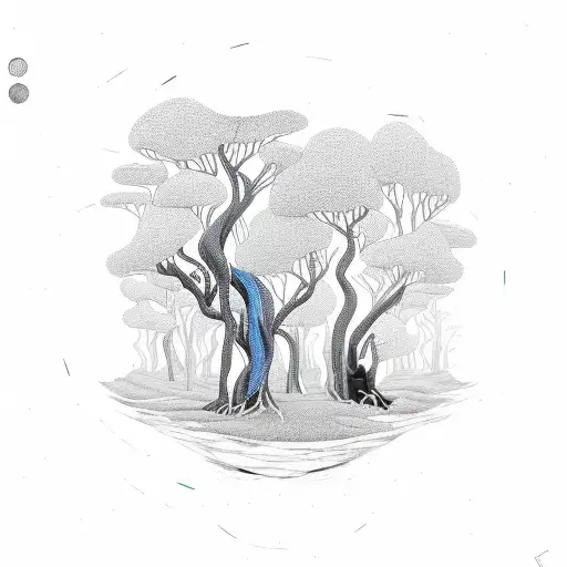 a whimisical forest with deep black outline and electric blue and green highlights a pathway leading into a mystical aby tattoo design idea