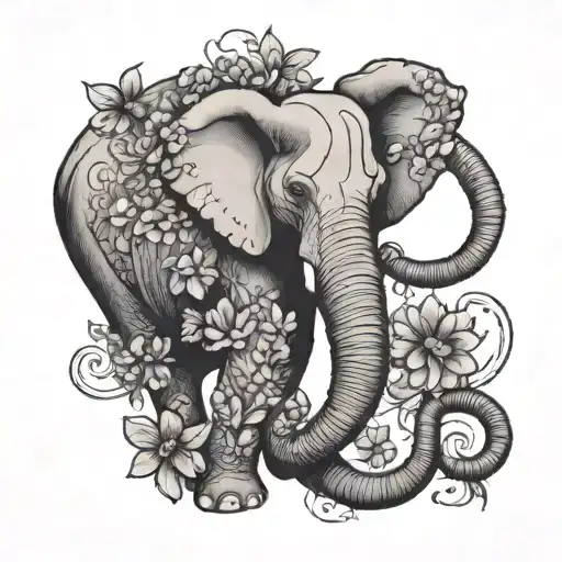 elephant trunk up and violet flowers intertwined tattoo design idea