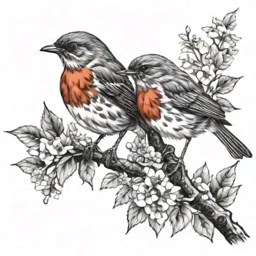 two Robins on a branch surrounded by nature scene tattoo design idea
