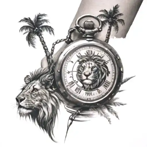 pocket watch and navigation compass, lion and a palm tree with father and child holding hands tattoo design idea