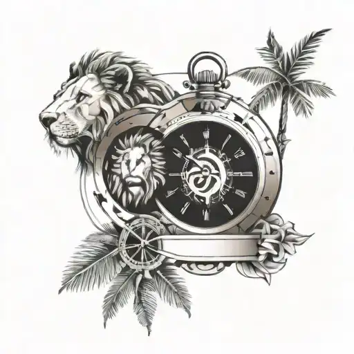 pocket watch and navigation compass, lion and a palm tree with father and child holding hands tattoo design idea