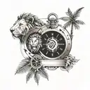 pocket watch and navigation compass, lion and a palm tree with father and child holding hands tattoo design idea