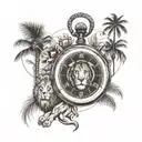 pocket watch and navigation compass, lion and a palm tree with father and child holding hands tattoo design idea