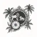 pocket watch and navigation compass, lion and a palm tree with father and child holding hands tattoo design idea