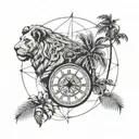 pocket watch and navigation compass, lion and a palm tree with father and child holding hands tattoo design idea