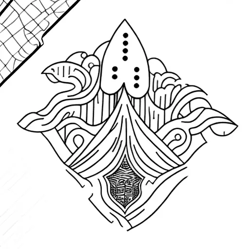 A blackwork design of a kayak floating through a river lined with Florida trees and covered in Spanish moss tattoo design idea
