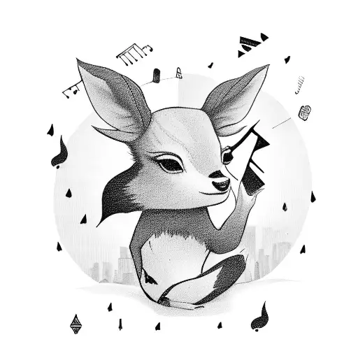 A melancholic emo-inspired scene of a fawn sitting on a rooftop overlooking a cityscape, with musical notes floating in the air tattoo design idea