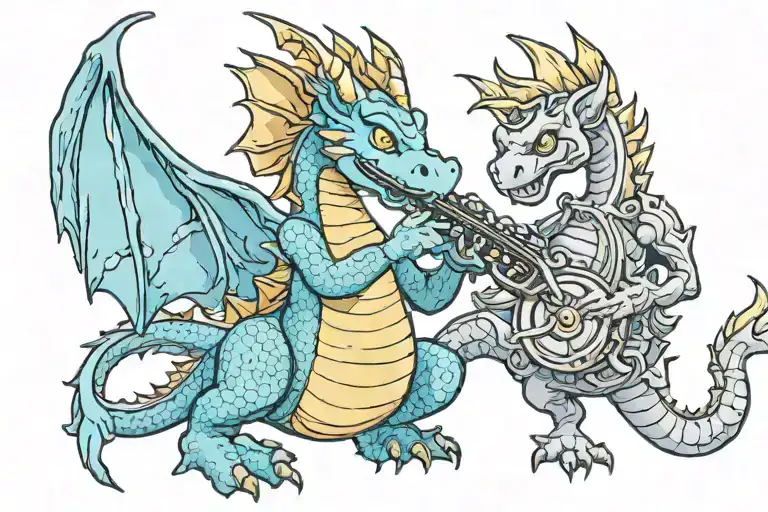 A tattoo of a dragon playing a clarinet, combining the client's love for Dragon Quest  tattoo design idea