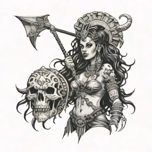 a savage Amazonian woman wearing belt of skulls and spear w skulls , long curly hair with horns coming from her head  tattoo design idea