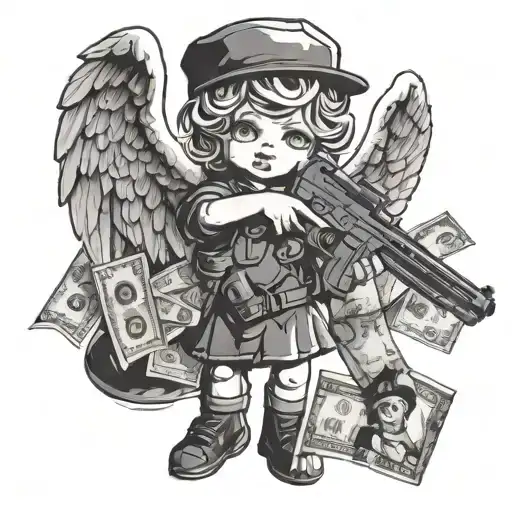 little angel with money and gun in drawing tattoo design idea