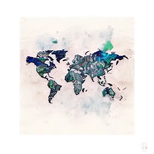 A tattoo of a world map with music notes scattered across different countries, representing the client's love for travel and music tattoo design idea