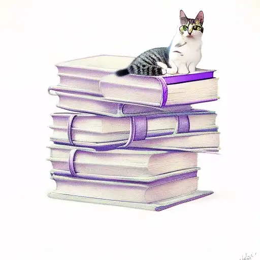 A realistic portrait of a cat sitting on a stack of purple books, each book representing a different quirky cat fact. tattoo design idea
