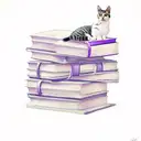 A realistic portrait of a cat sitting on a stack of purple books, each book representing a different quirky cat fact. tattoo design idea