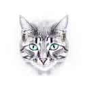 A realistic portrait of a cat sitting on a stack of purple books, each book representing a different quirky cat fact. tattoo design idea